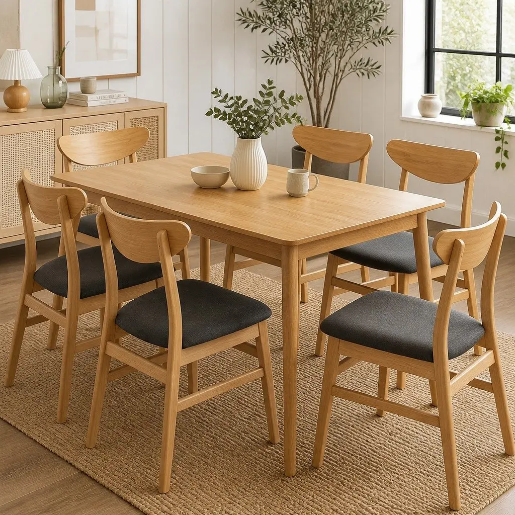 Dining Chairs Set of 6 Natural Wood Frame Linen Upholstery Padded Seat