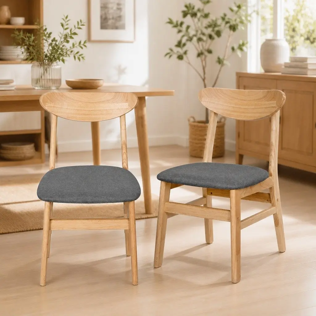 Dining Chairs Set of 6 Natural Wood Frame Linen Upholstery Padded Seat