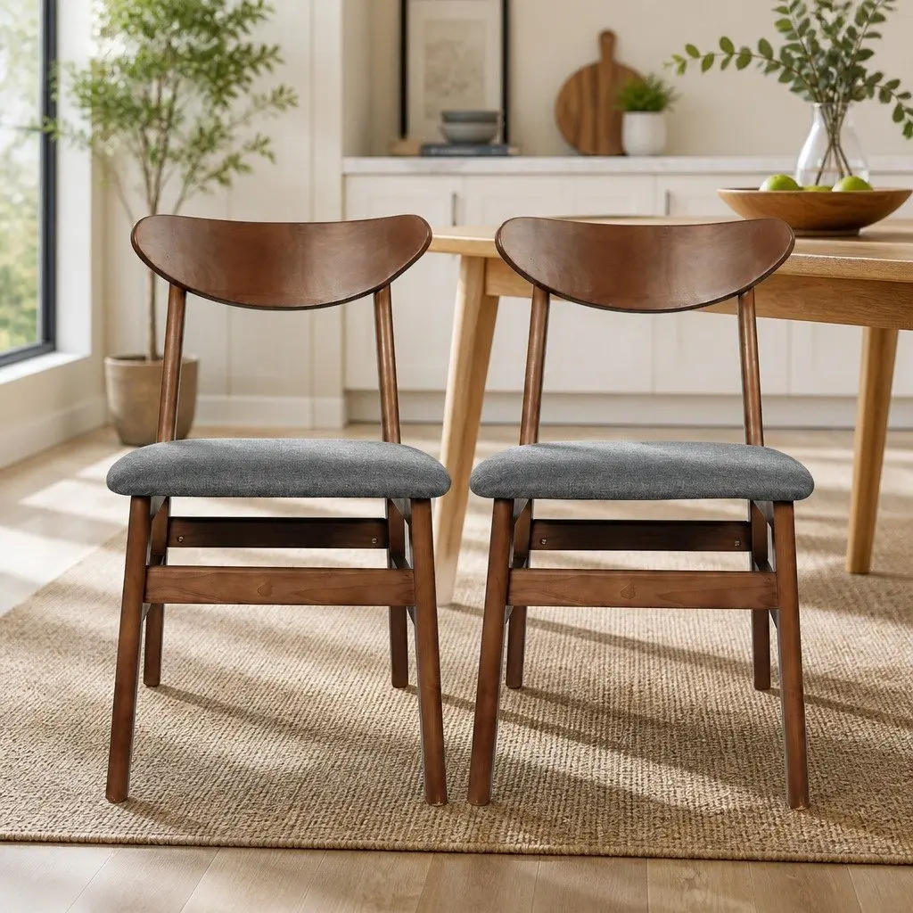 Dining Chairs 2 Pack Brown Wooden Frame Linen Fabric Cushion