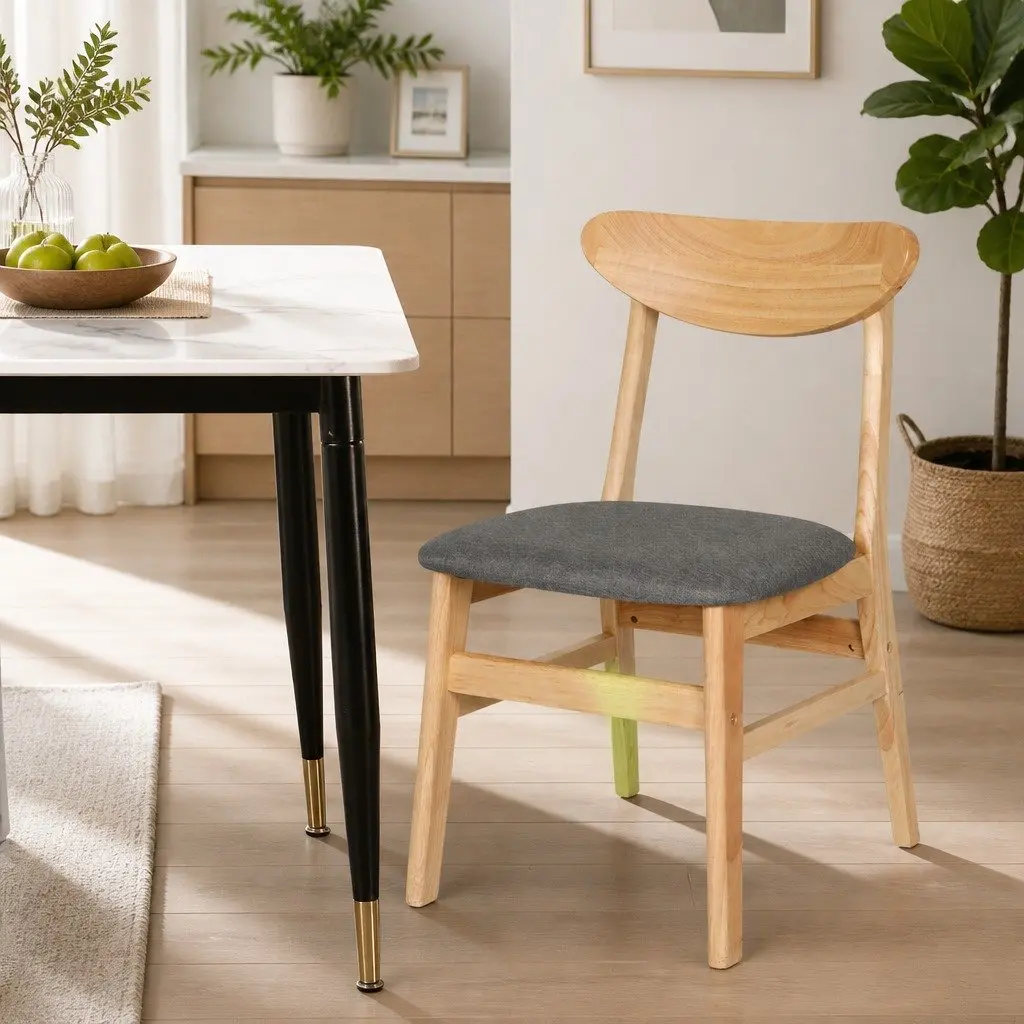 Dining Chairs Set of 4 Kitchen Seat Natural Wood Frame Linen Fabric Cushion