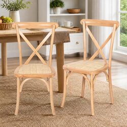 Dining Chairs Set of 2 Cross Back Design Wooden Frame Rattan Seat Kitchen