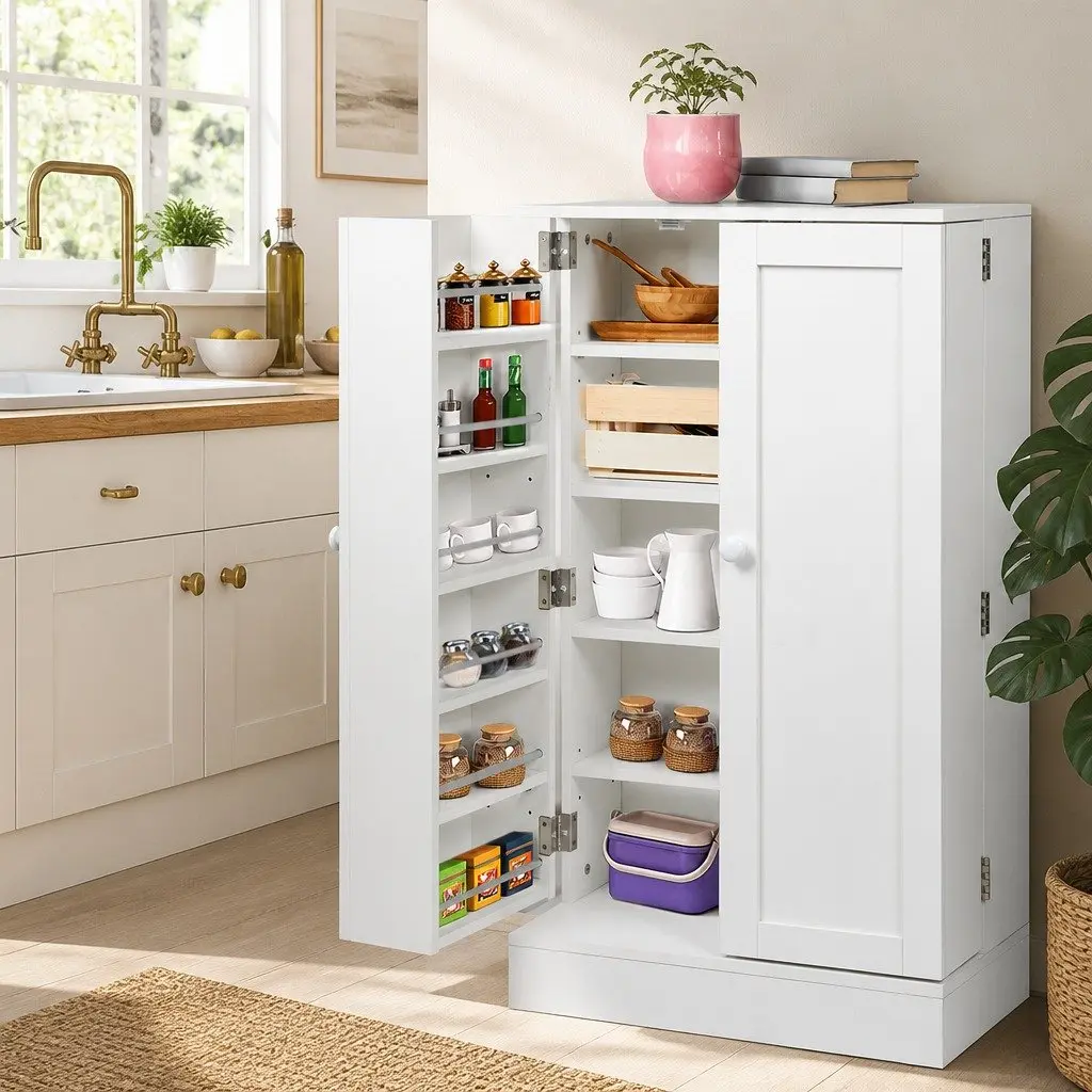 Buffet Sideboard Storage Cabinet 180° Door Kitchen Bedroom Furniture White
