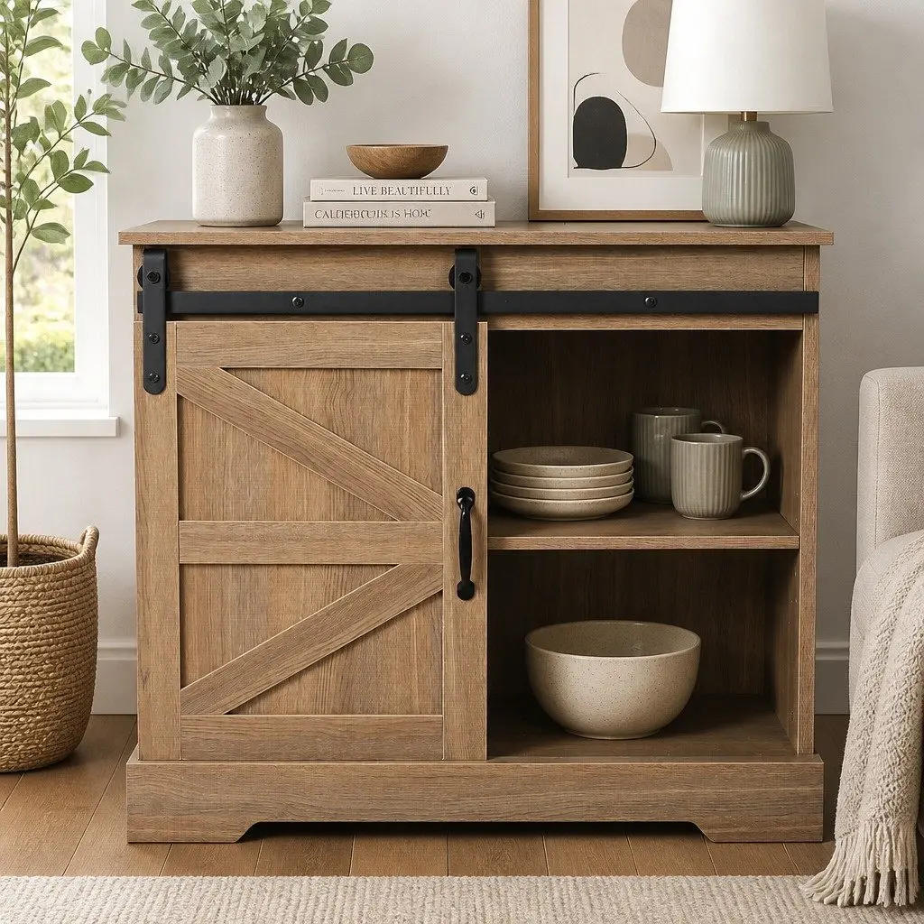 Rustic Sideboard Storage Cabinet with Sliding Barn Door Kitchen Buffet Cupboard