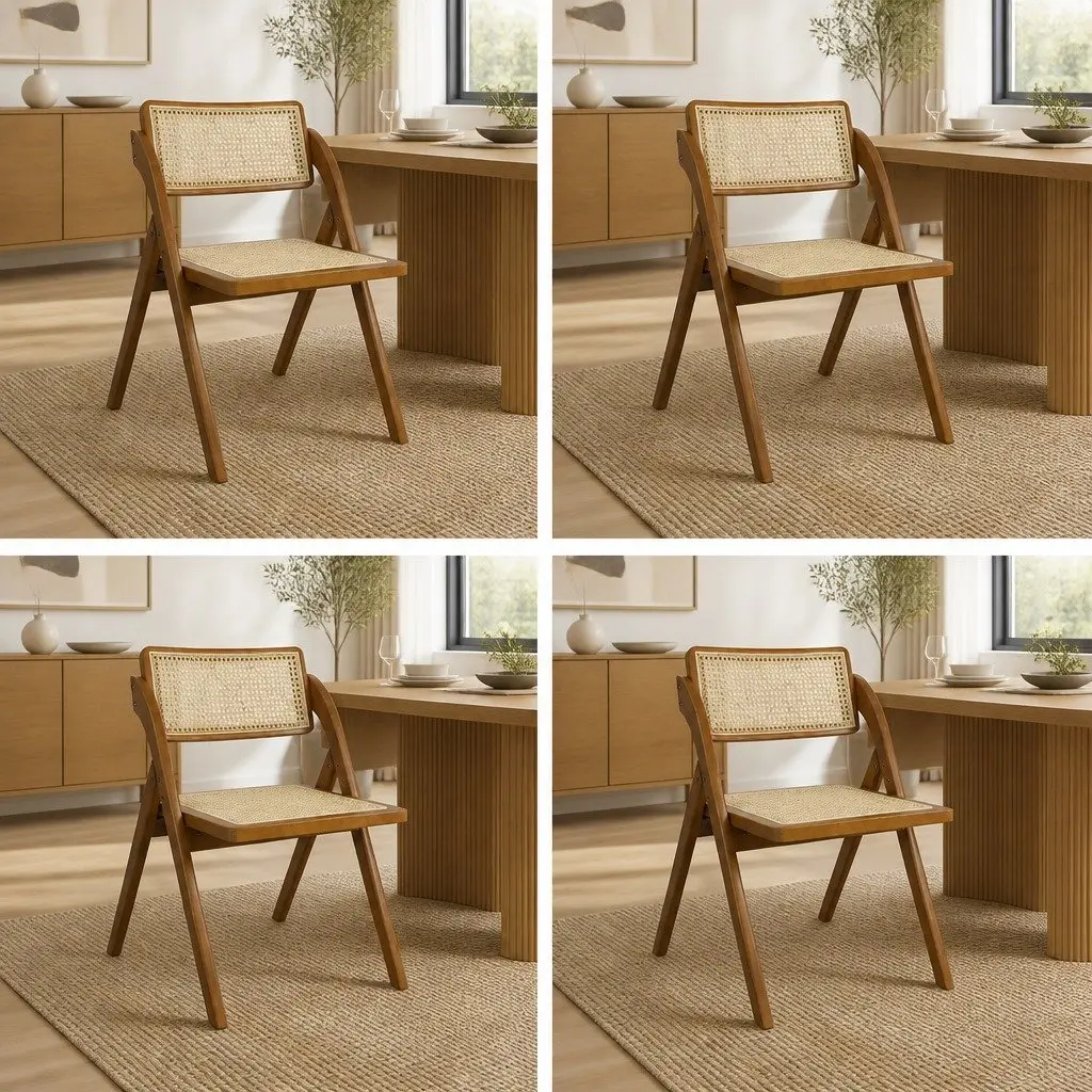 Foldable Dining Chairs Set of 4 Rubber Wood Frame Rattan Weaving Walnut Color