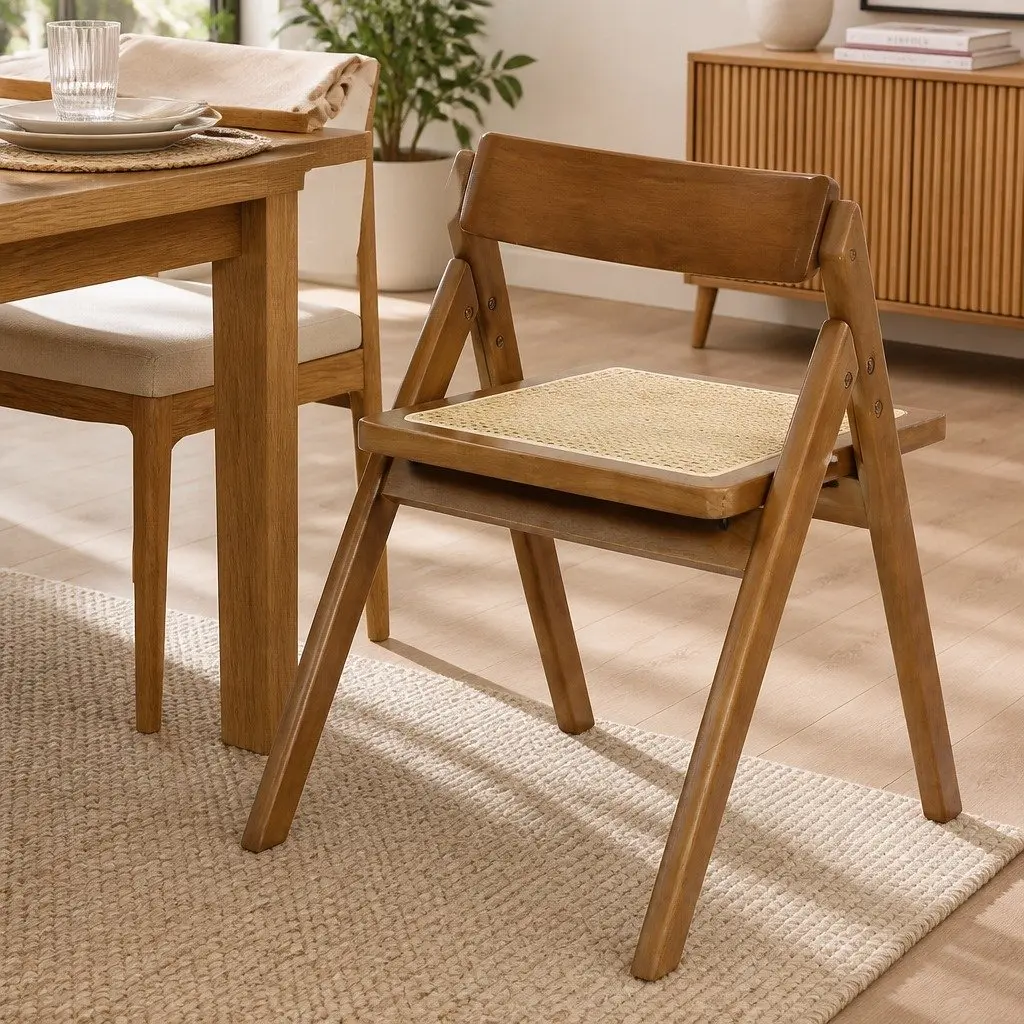 Foldable Dining Chairs Set of 4 Rubber Wood Frame Rattan Weaving Walnut Color