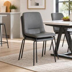 Stackable Dining Chair Kitchen Grey PU Leather Steel Frame High-Density Foam