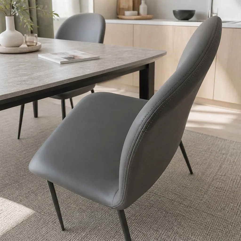 Stackable Dining Chair Dark Grey PU Leather High-Density Foam Steel Frame