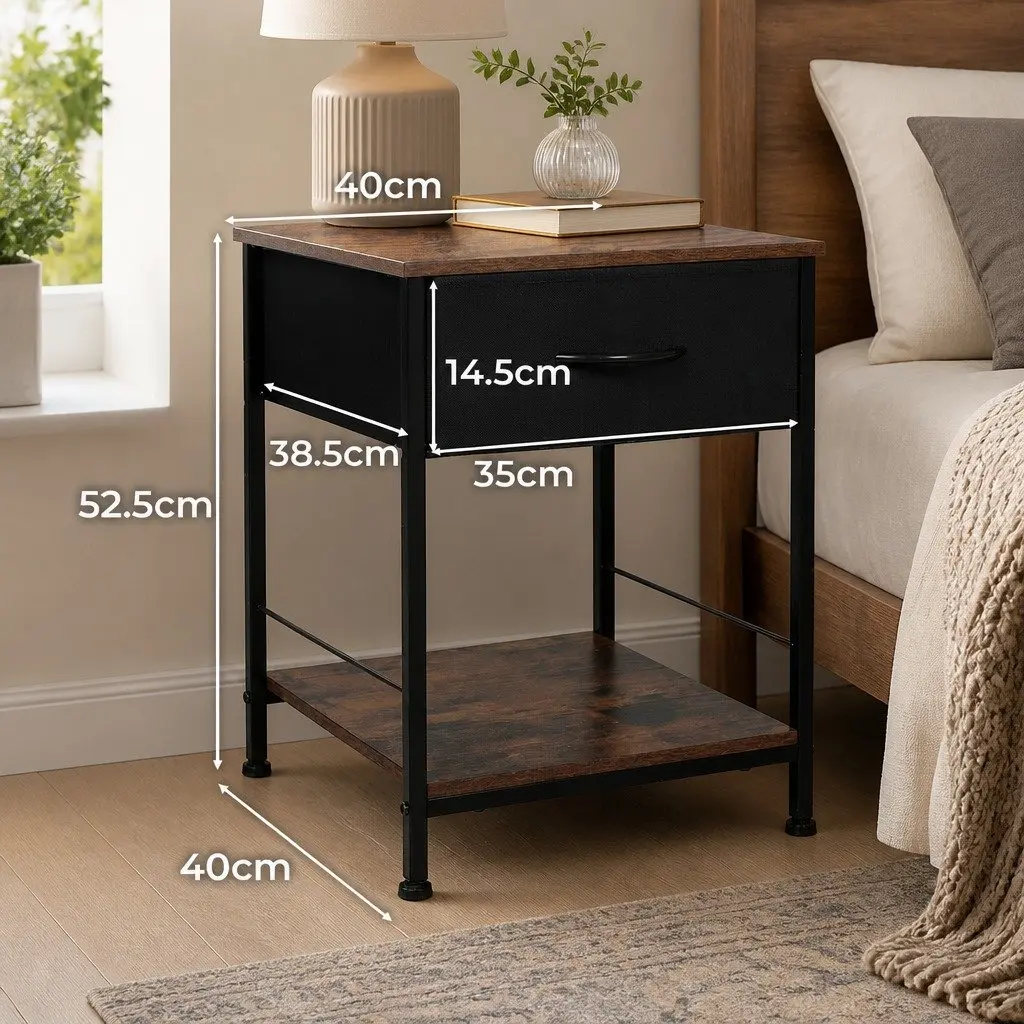 Bedside Table 40cm Compact Storage Metal Frame MDF Top with Drawer and Shelf