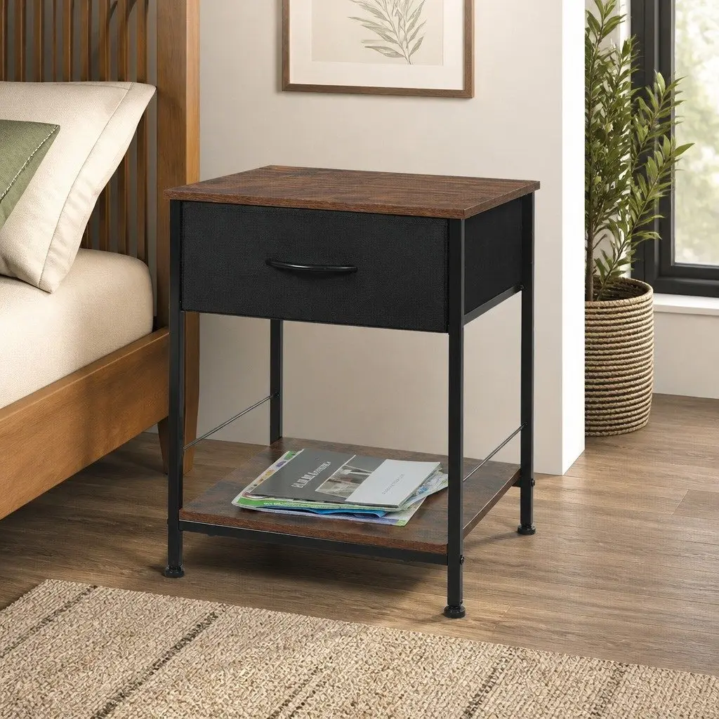 Bedside Table 40cm Compact Storage Metal Frame MDF Top with Drawer and Shelf