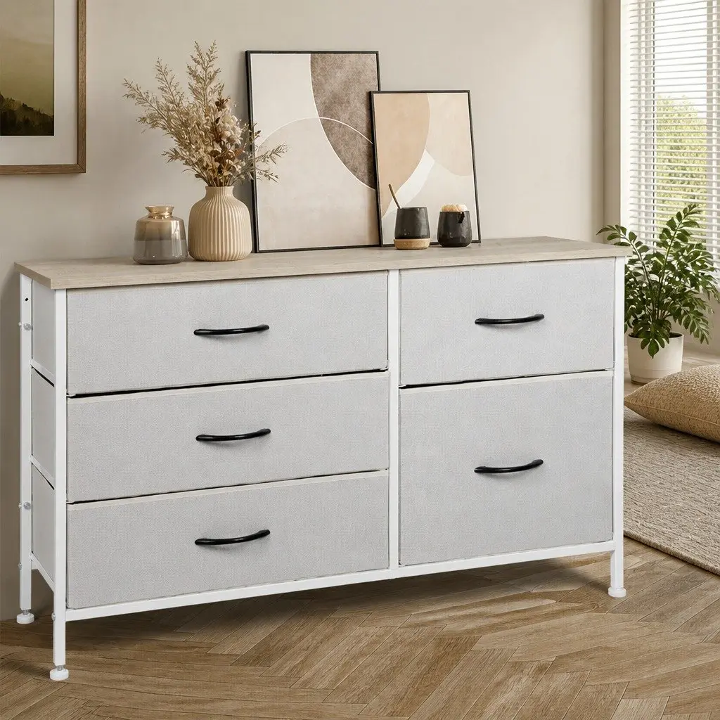 Storage Cabinet Tower Beige MDF Steel Frame Removable Drawers Adjustable Feet