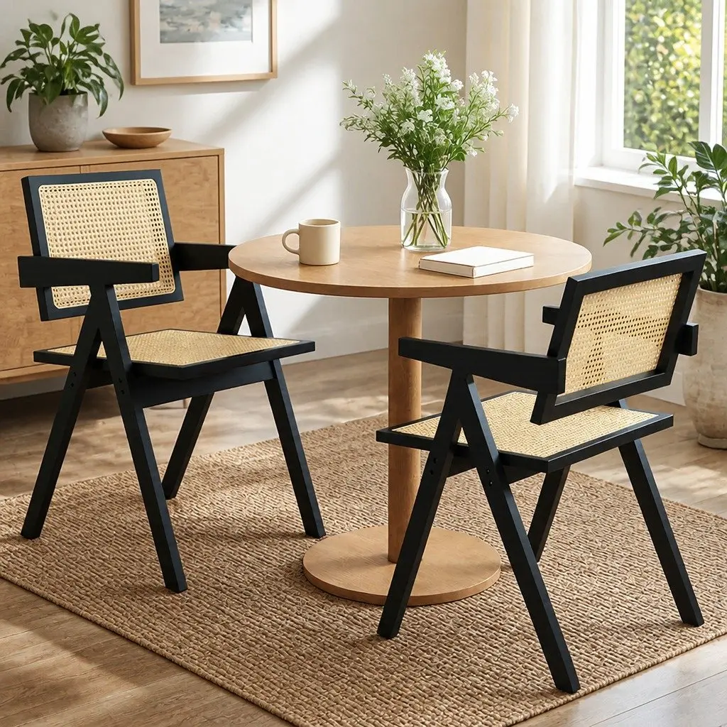 Wicker Armchair Dining Chair Black Rattan Backrest Double-layer Elastic Cushion