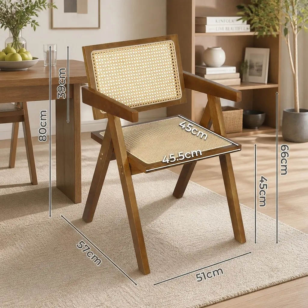 Wicker Dining Chair Walnut Rattan Wooden Armchair with Cushion Modern Home