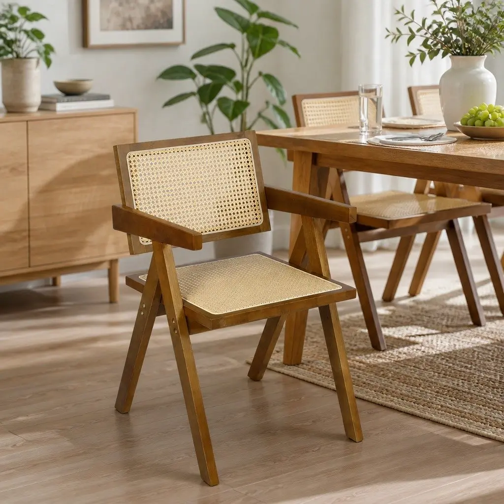Wicker Dining Chair Walnut Rattan Wooden Armchair with Cushion Modern Home