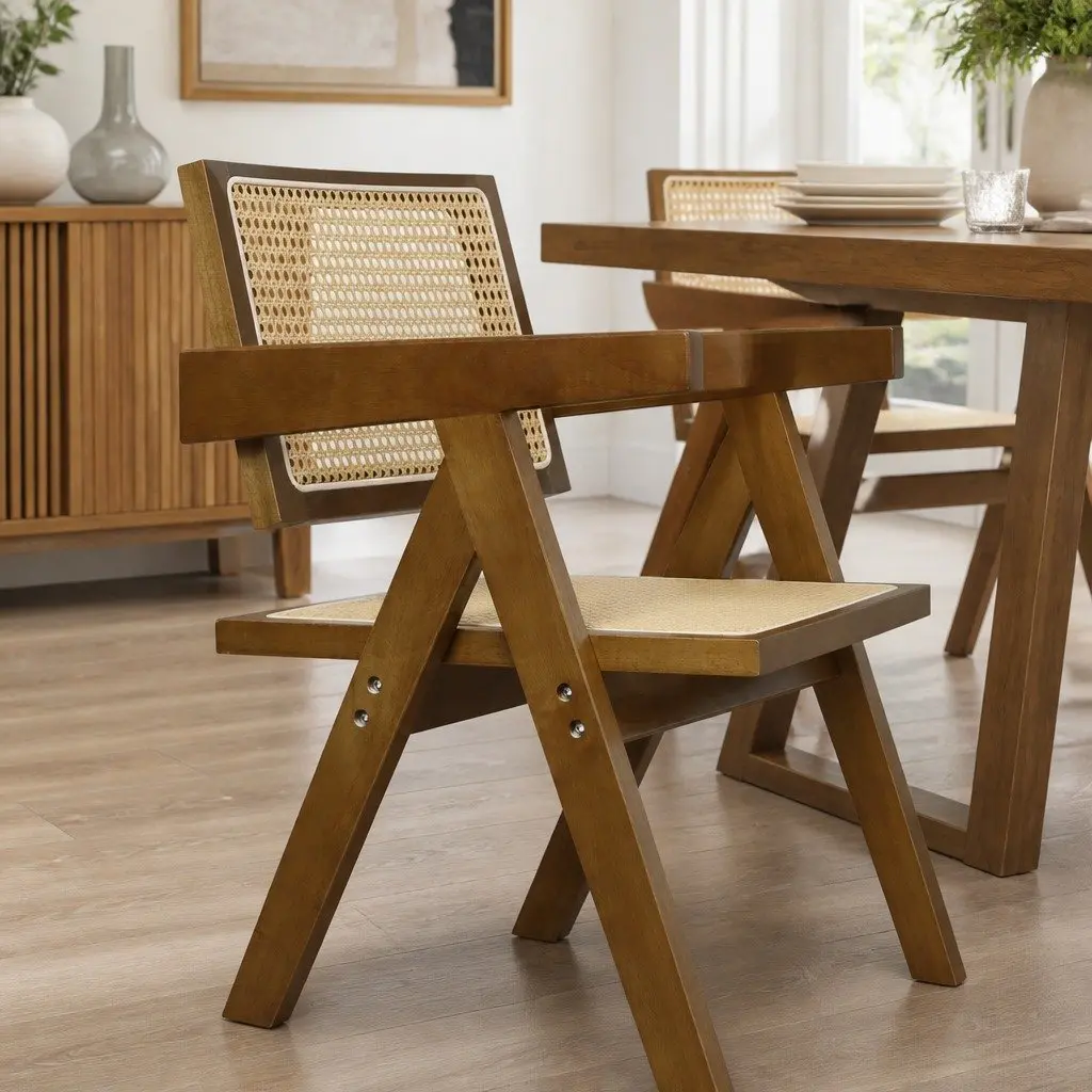 Walnut Wicker Dining Chair Set 4 Piece Rattan Wooden Seat Retro Style