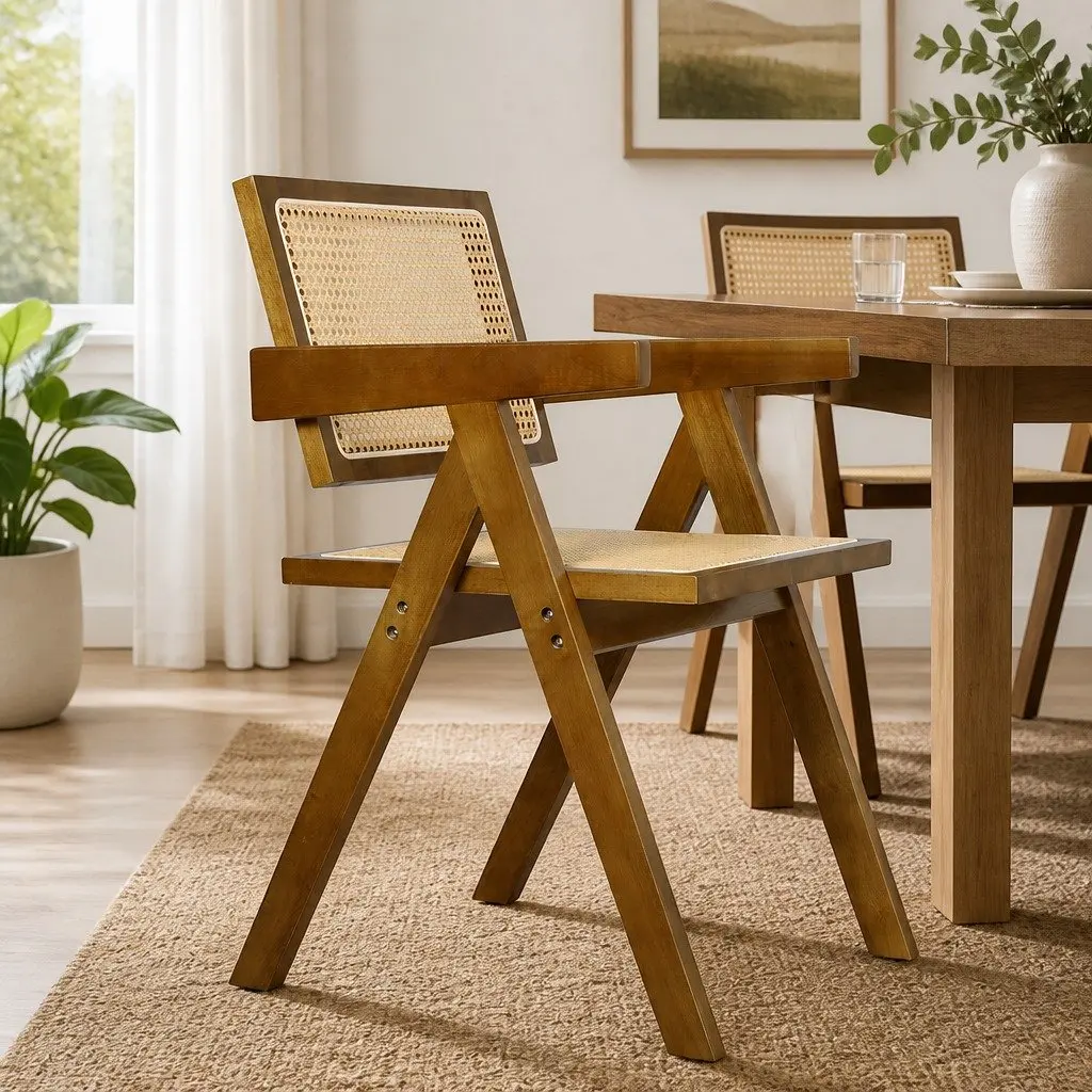 Dining Chair Walnut Rattan Wooden Seat Armrest