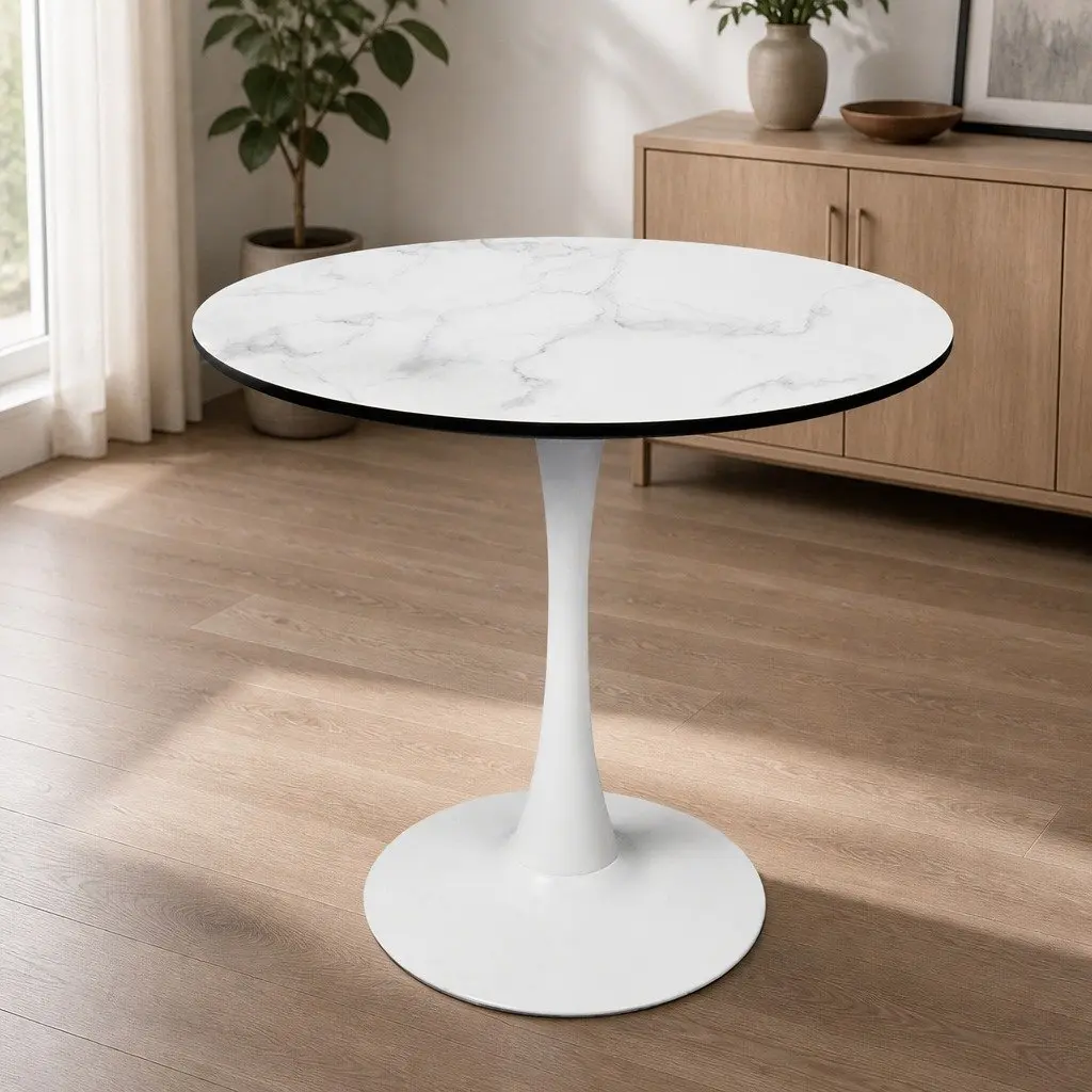 Dining Table 80cm White Round Sturdy Lacquered Wooden Top Indoor Outdoor