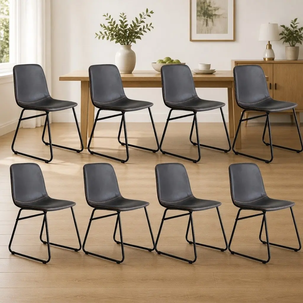 Set of 8 Retro Dining Chairs Faux Leather Upholstered Moulded Seat Black