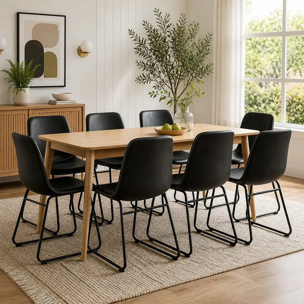 Set of 8 Retro Dining Chairs Faux Leather Upholstered Moulded Seat Black