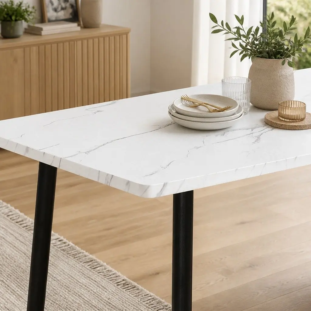 Dining Table 150cm White MDF Top Steel Frame Suitable for 4 to 6 Seat Home Office Use