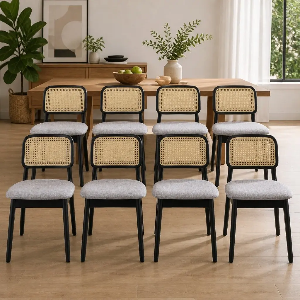 Set of 8 Black Wood Frame Dining Chairs with Rattan Weave Backrest and Upholstered Seat for Kitchen and Dining Room