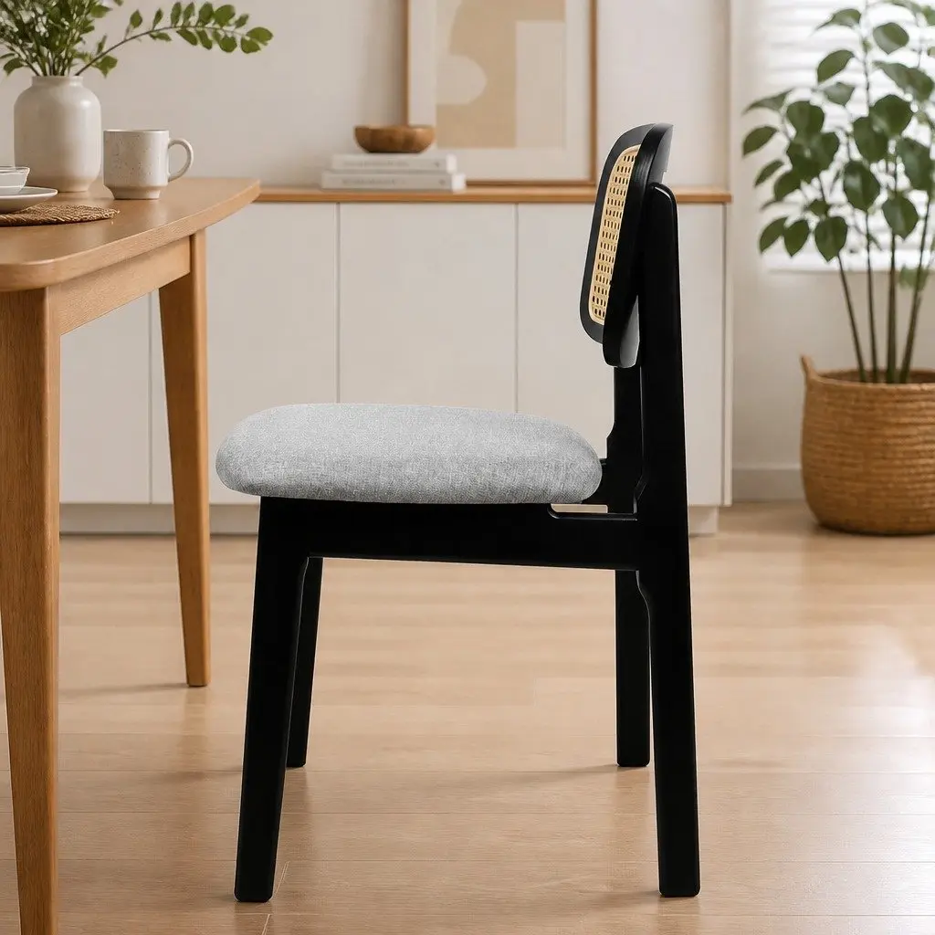 Set of 8 Black Wood Frame Dining Chairs with Rattan Weave Backrest and Upholstered Seat for Kitchen and Dining Room