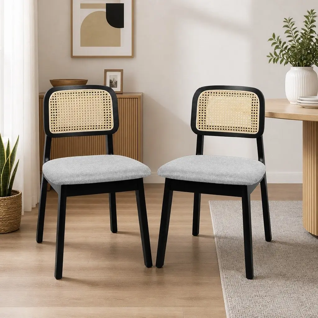 Set of 8 Black Wood Frame Dining Chairs with Rattan Weave Backrest and Upholstered Seat for Kitchen and Dining Room
