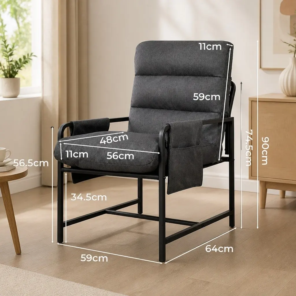 Metal Frame Lounge Chair Dark Grey Linen Accent Armchair with Storage Bags