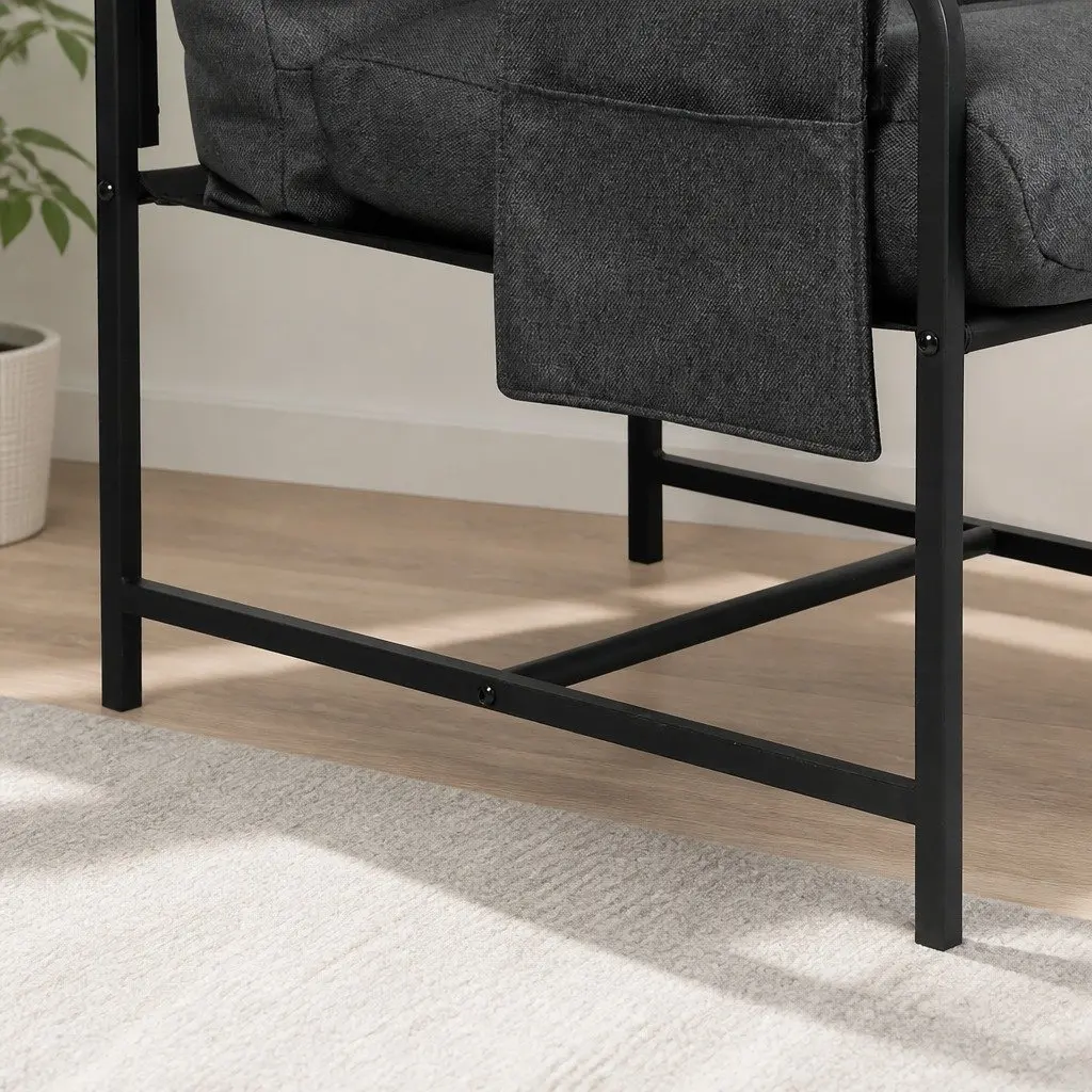 Metal Frame Lounge Chair Dark Grey Linen Accent Armchair with Storage Bags