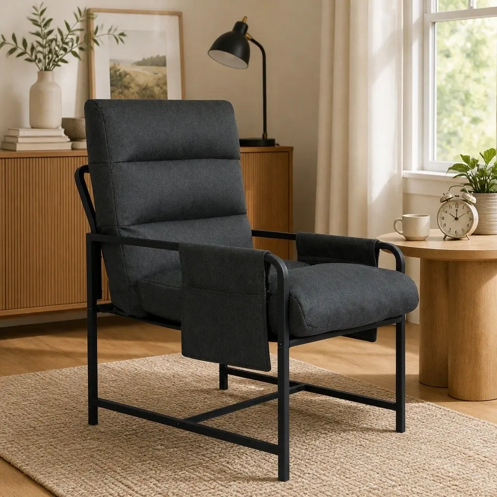 Metal Frame Lounge Chair Dark Grey Linen Accent Armchair with Storage Bags