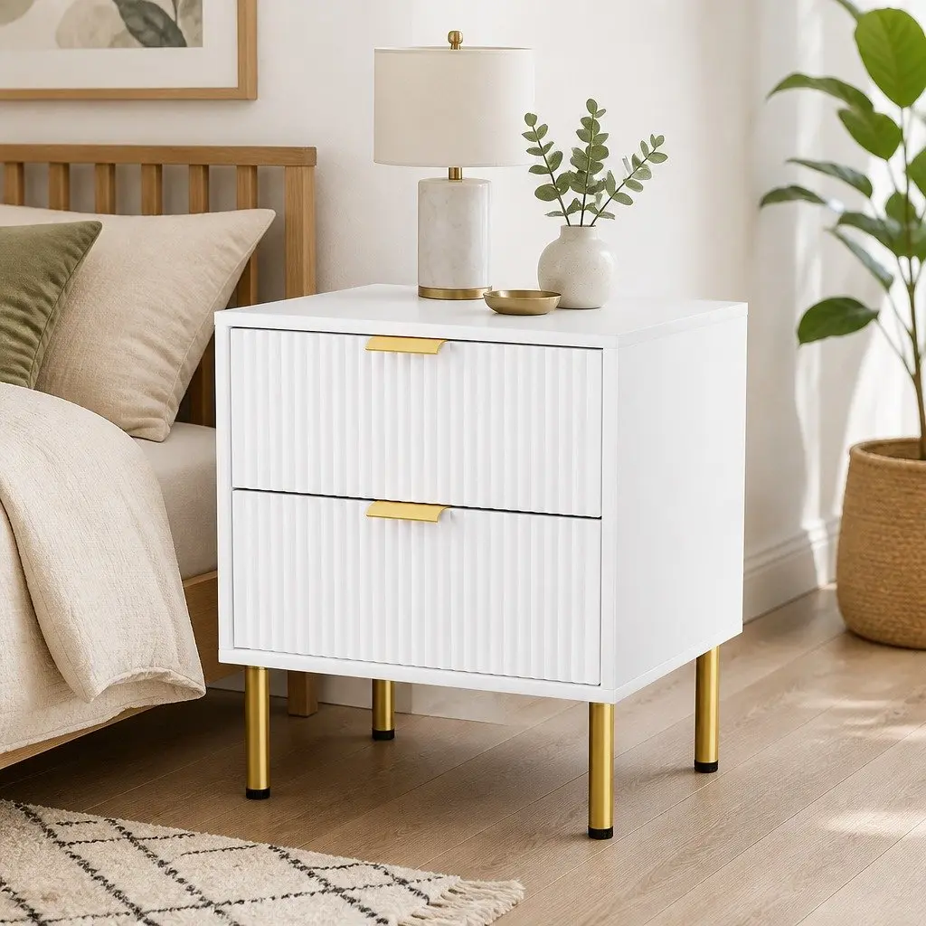 Bedside Table 2 Drawers White Metal Legs Storage Organiser