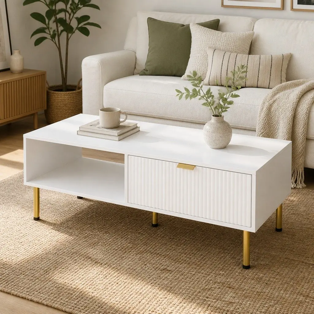 Coffee Table 110cm White Gold Storage Drawer Open Shelf