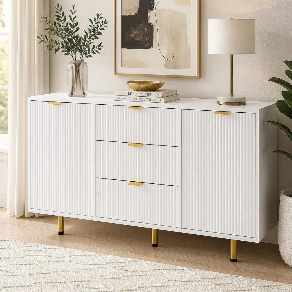 Storage Sideboard Cabinet 147cm White 3 Drawers 2 Doors Removable Shelves Soft-Close