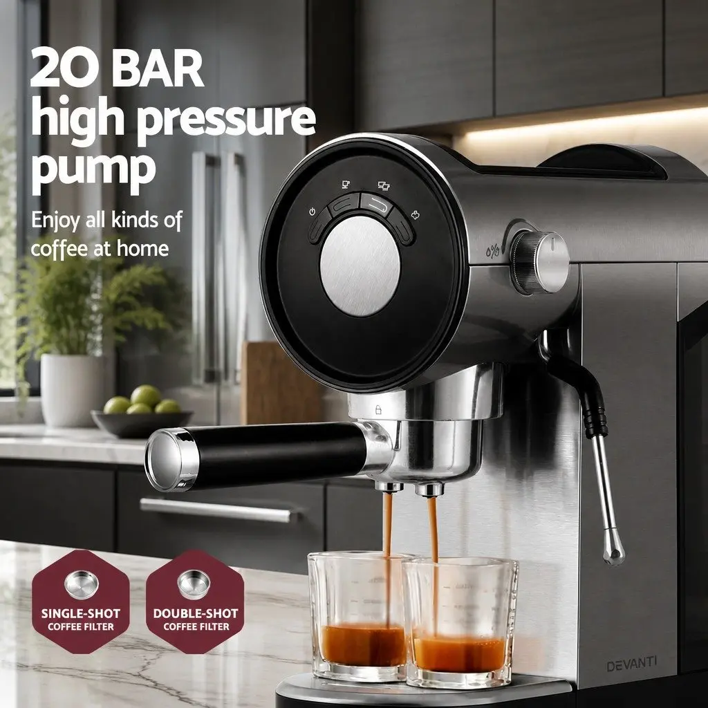 Espresso Coffee Machine 20 Bar Instant Heat Milk Frother Mug Warmer Silver