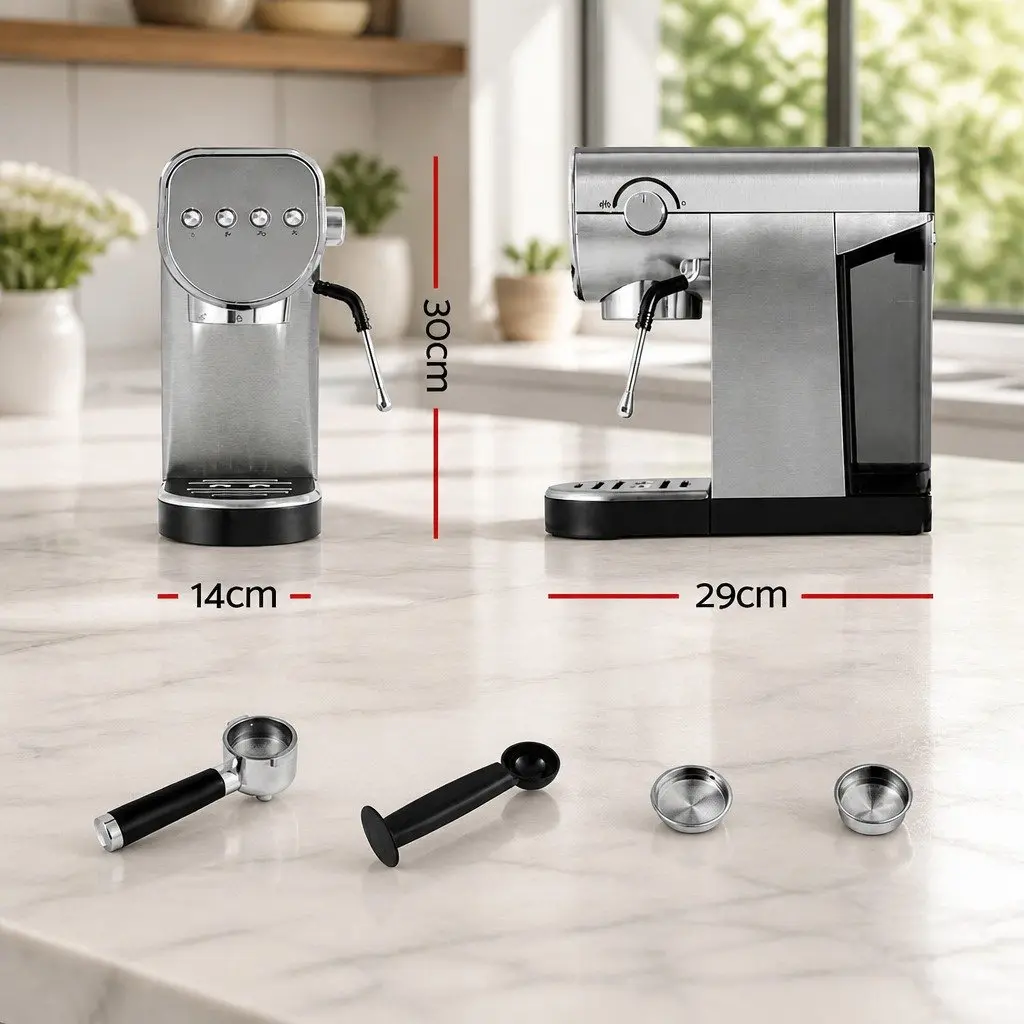 Espresso Coffee Machine 20 Bar Instant Heat System Milk Frother Mug Warmer Silver