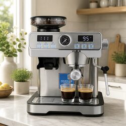 Espresso Coffee Machine with Grinder Milk Frother Steam Wand Mug Warmer Silver