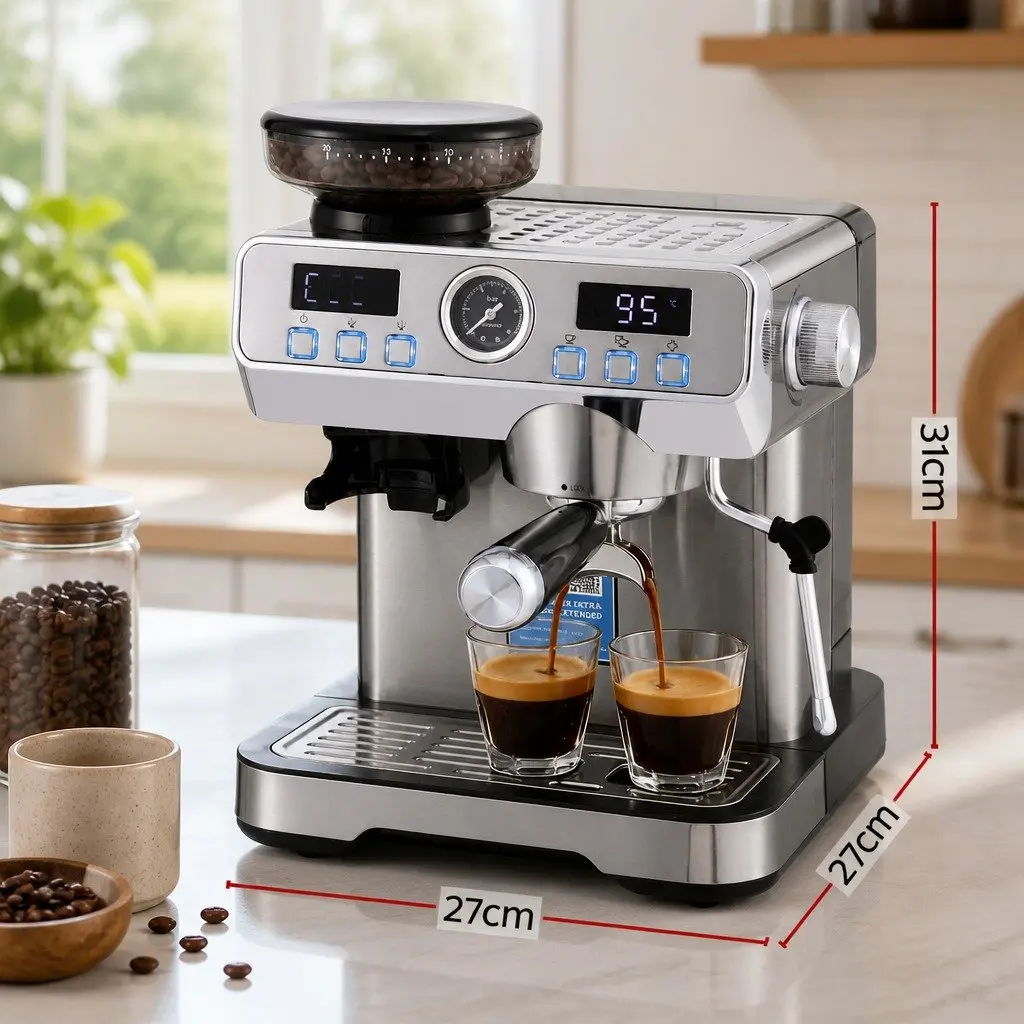 Espresso Coffee Machine with Grinder Milk Frother Steam Wand Mug Warmer Silver
