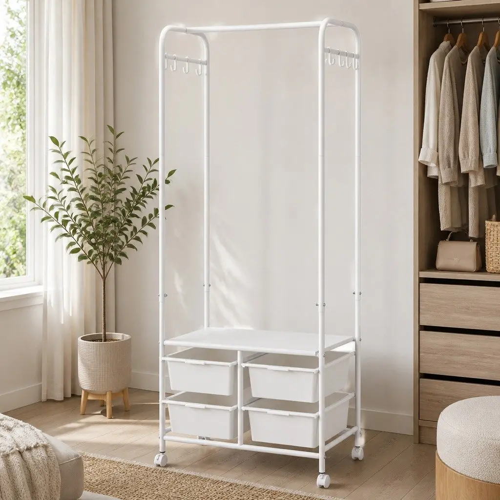 Clothes Rack Stand 63CM Horizontal Bar 4 Storage Boxes Side Hooks Shoe Shelf