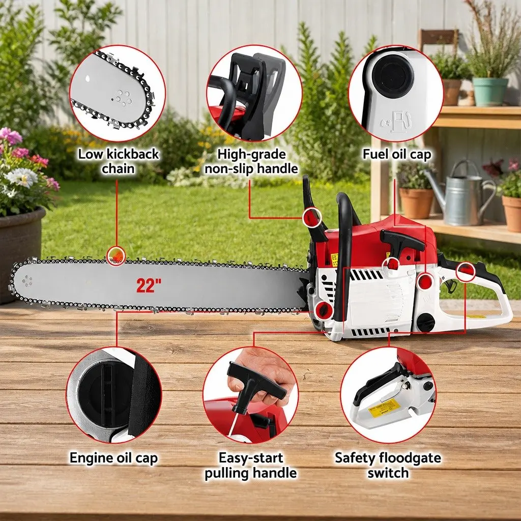 Petrol Chainsaw 62CC 22 Inch Bar E-Start Anti-Vibration Quick Tension Chain Mechanism