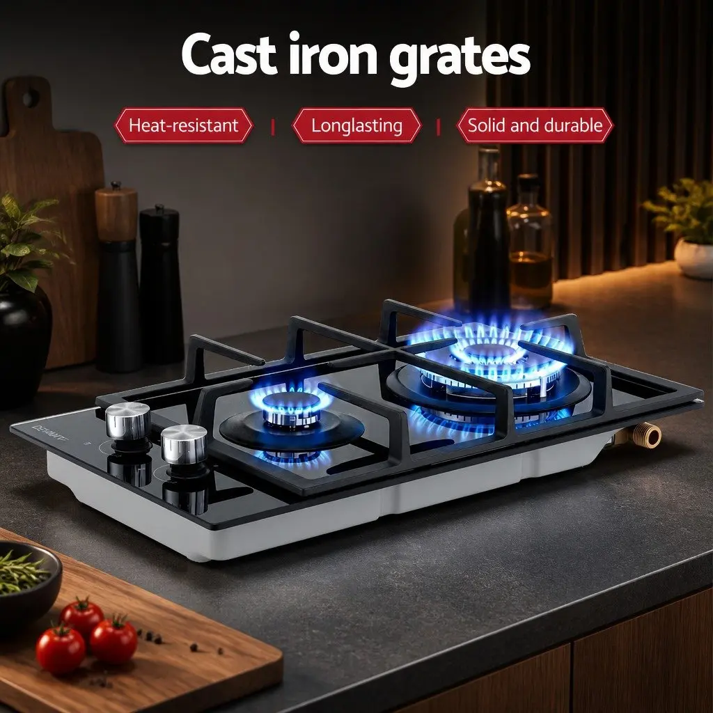 Gas Cooktop 30cm 2 Burner Built-in Stove Glass Cook Top NG LPG Wok Burner