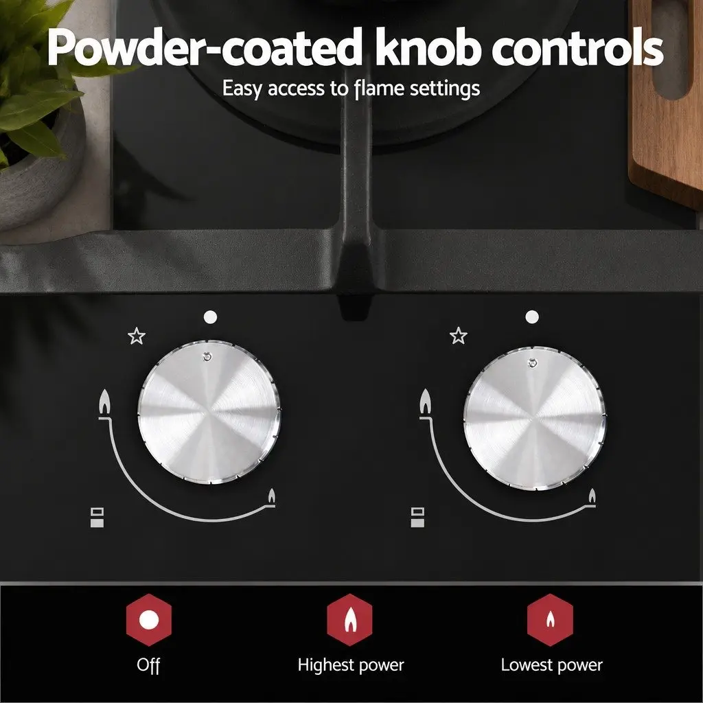 Gas Cooktop 30cm 2 Burner Built-in Stove Glass Cook Top NG LPG Wok Burner