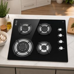 Gas Cooktop 60cm Black Stove Hob 4 Burner Built-in Kitchen Cooking Appliance