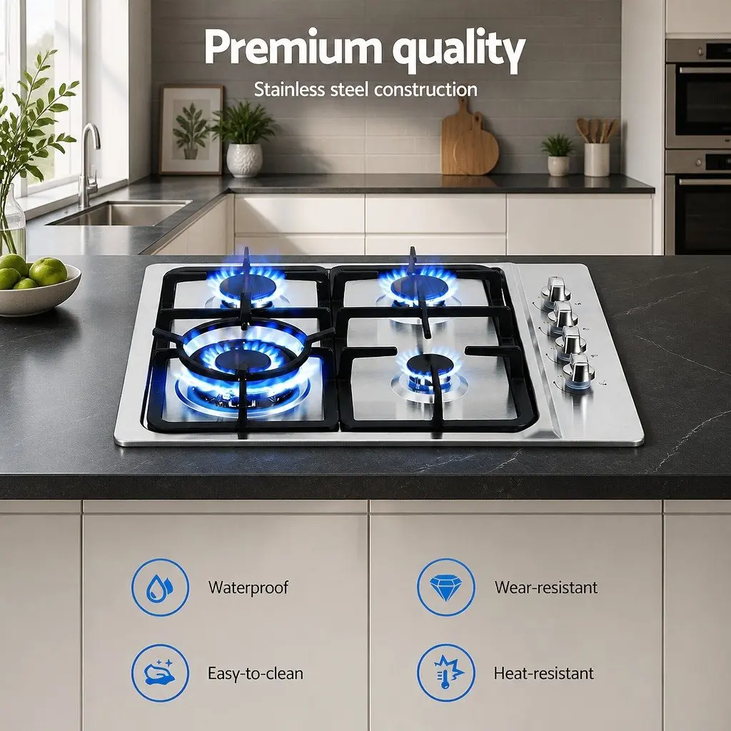 60cm Gas Cooktop 4 Burner Built-in Hob Stainless Steel Stove Knob Silver