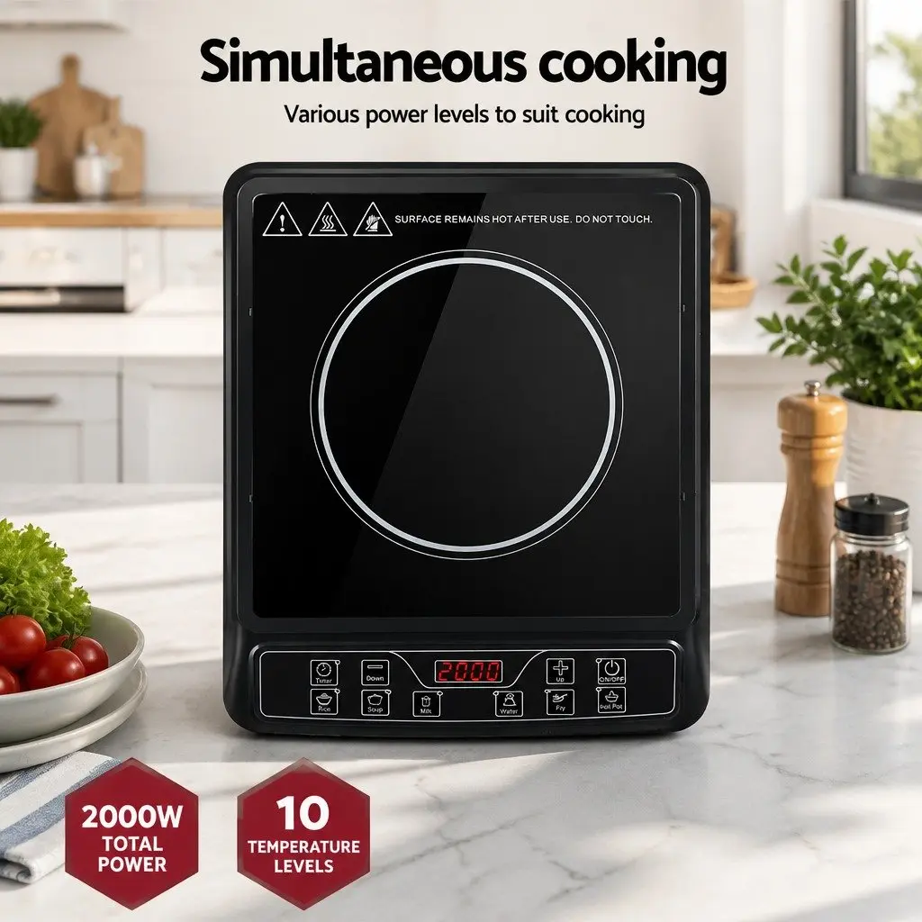 Induction Cooktop 30cm Single Burner Portable Electric Cooker Black Glass 2000W Digital LED Controls 6 Cooking Modes Auto Shut-off Overheat Protection