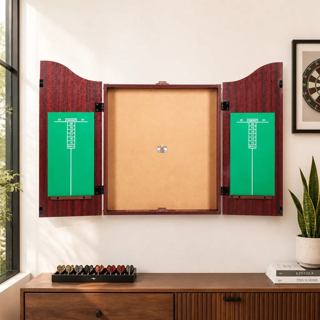 18 Inch Dartboard Cabinet with Integrated Dart Storage and 6 Steel Darts for Wall Mount Party Game