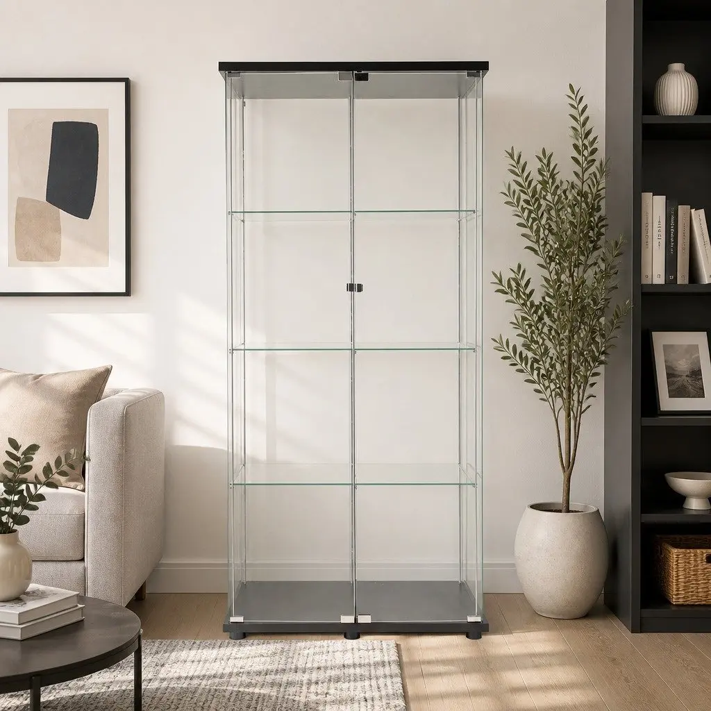 Glass Display Cabinet 4-Tier 164cm Tall Tempered Glass Shelves 2 Magnetic Doors