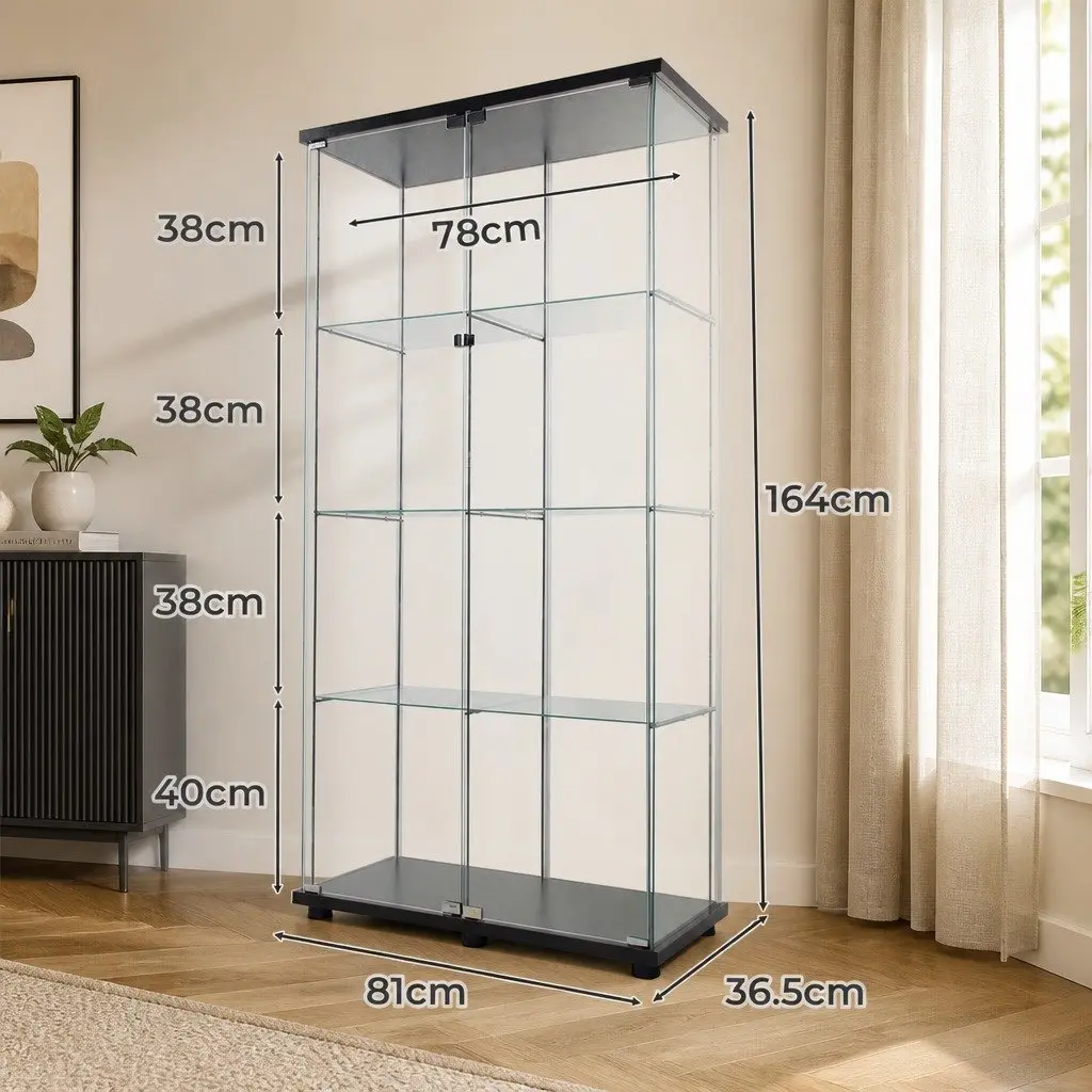 Glass Display Cabinet 4-Tier 164cm Tall Tempered Glass Shelves 2 Magnetic Doors