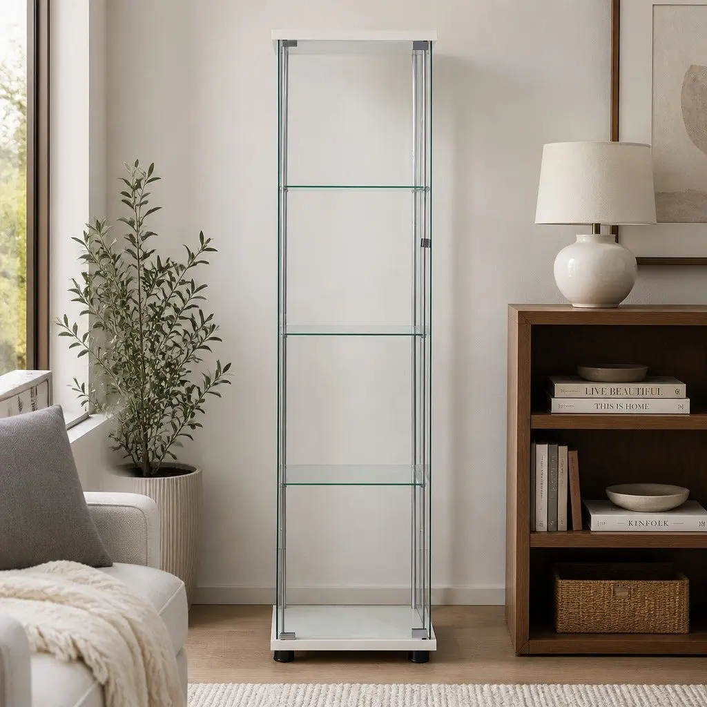 White 4 Tier Tempered Glass Cabinet for Storage and Display