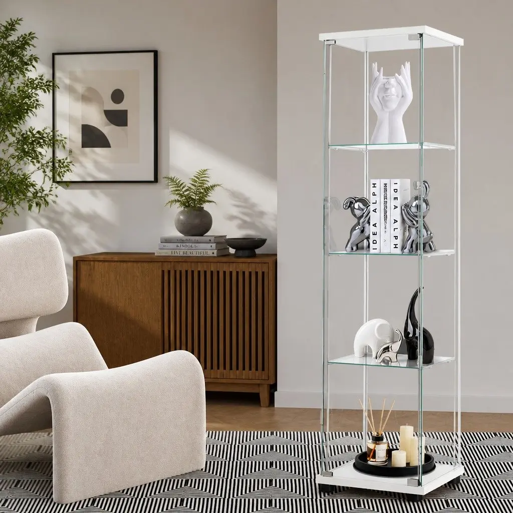 White 4 Tier Tempered Glass Cabinet for Storage and Display