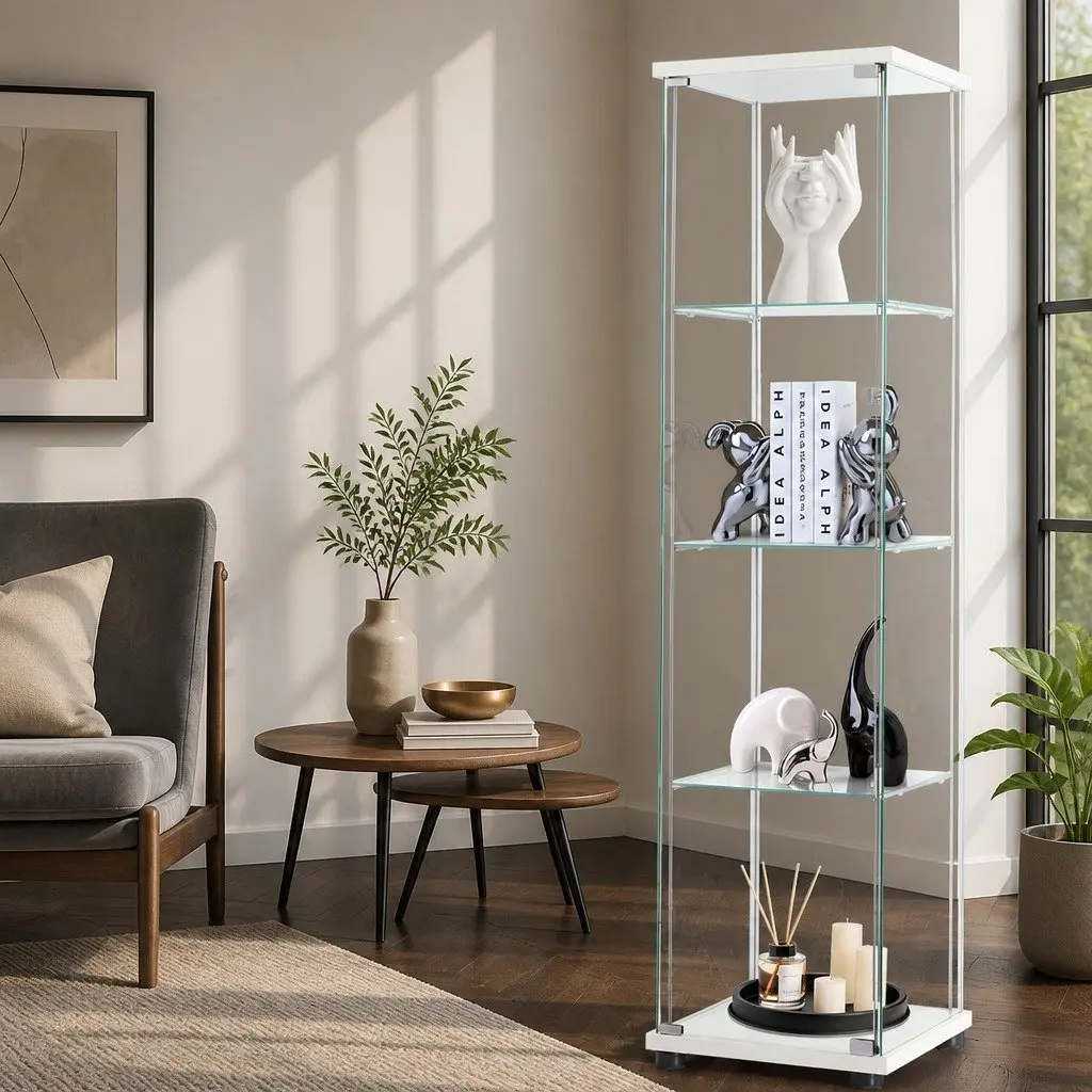 White 4 Tier Tempered Glass Cabinet for Storage and Display