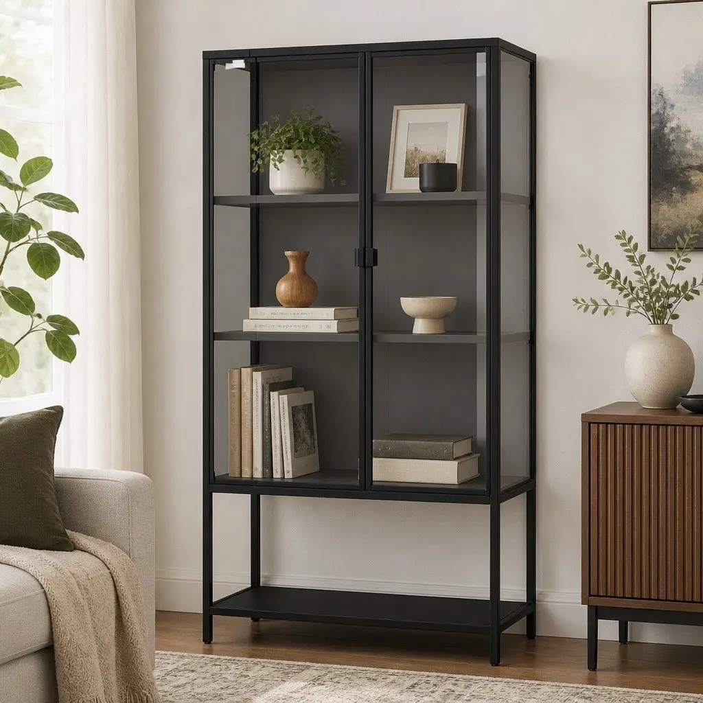 4 Tier Glass Display Cabinet 80cm Tempered Glass Storage Shelving Black